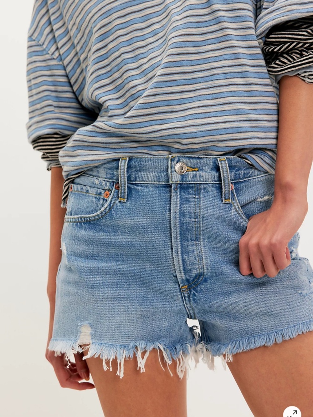 Agolde Light Blue Frayed Hem Distressed Denim Shorts